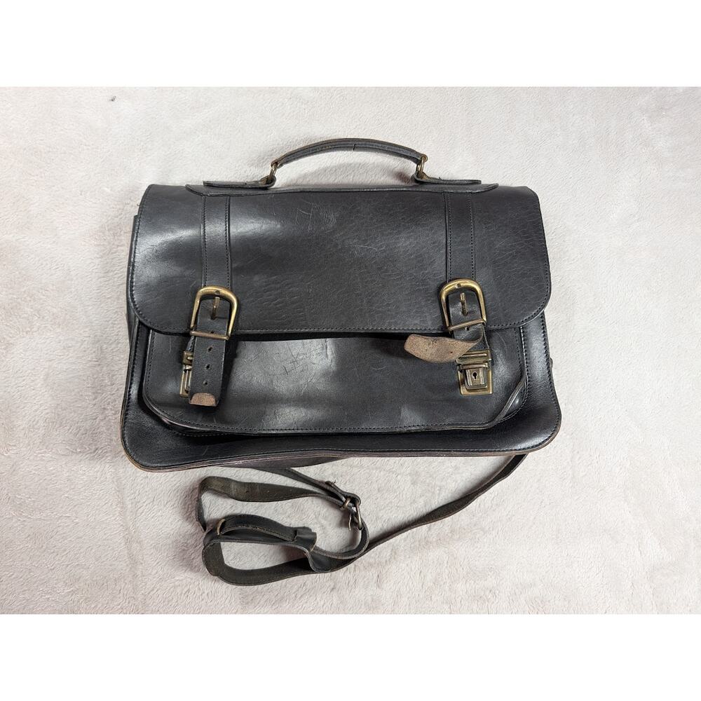Vintage Leather Heavy-Duty Black Briefcase Messenger Bag Dowel